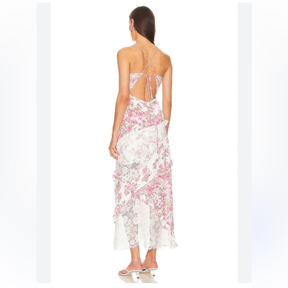 NWT For Love and Lemons Rosalyn Maxi Dress Pink White Tiered Tie Back Size XL - Picture 2 of 11